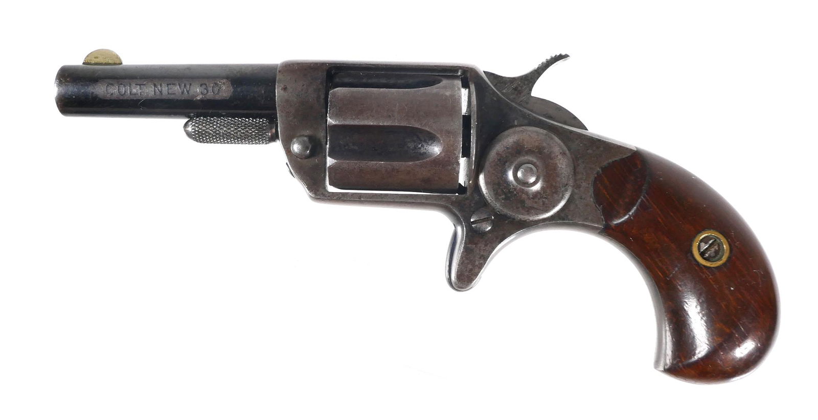Antique COLT New Line 30 Revolver: Circa 1875 Colt New Line .30 caliber, single action pocket revolver. 2 3/16" barrel. Revolver has a 5 shot cylinder with good timing and tight lockup. Grips are in excellent condition. Frame has minor