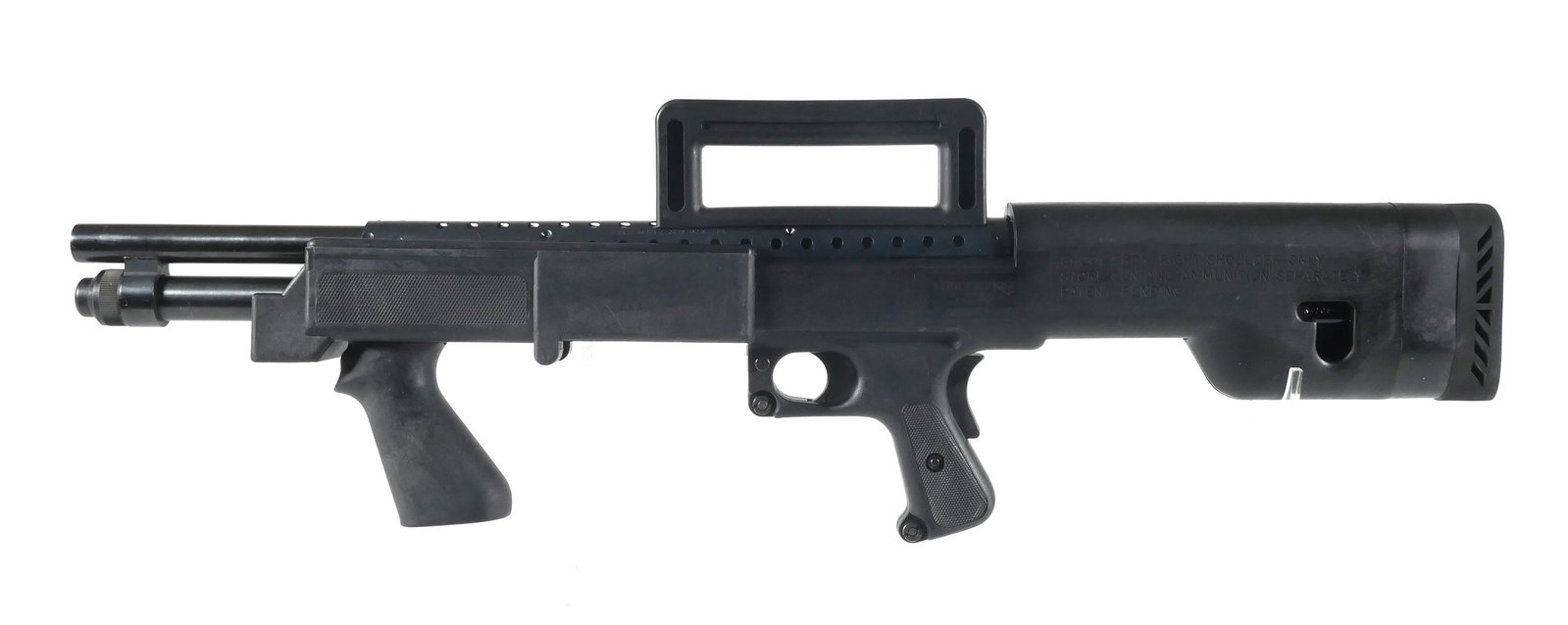 MOSSBERG 500 Bullpup 12 Ga Shotgun: Mossberg 500 Bullpup pump action shotgun. 12 gauge chambered for 2 3/4 or 3" shells. Barrel measures approx. 20 3/4", 30 3/4" overall, LOP is 14 3/4". Light handling wear to finish and synthetic stock