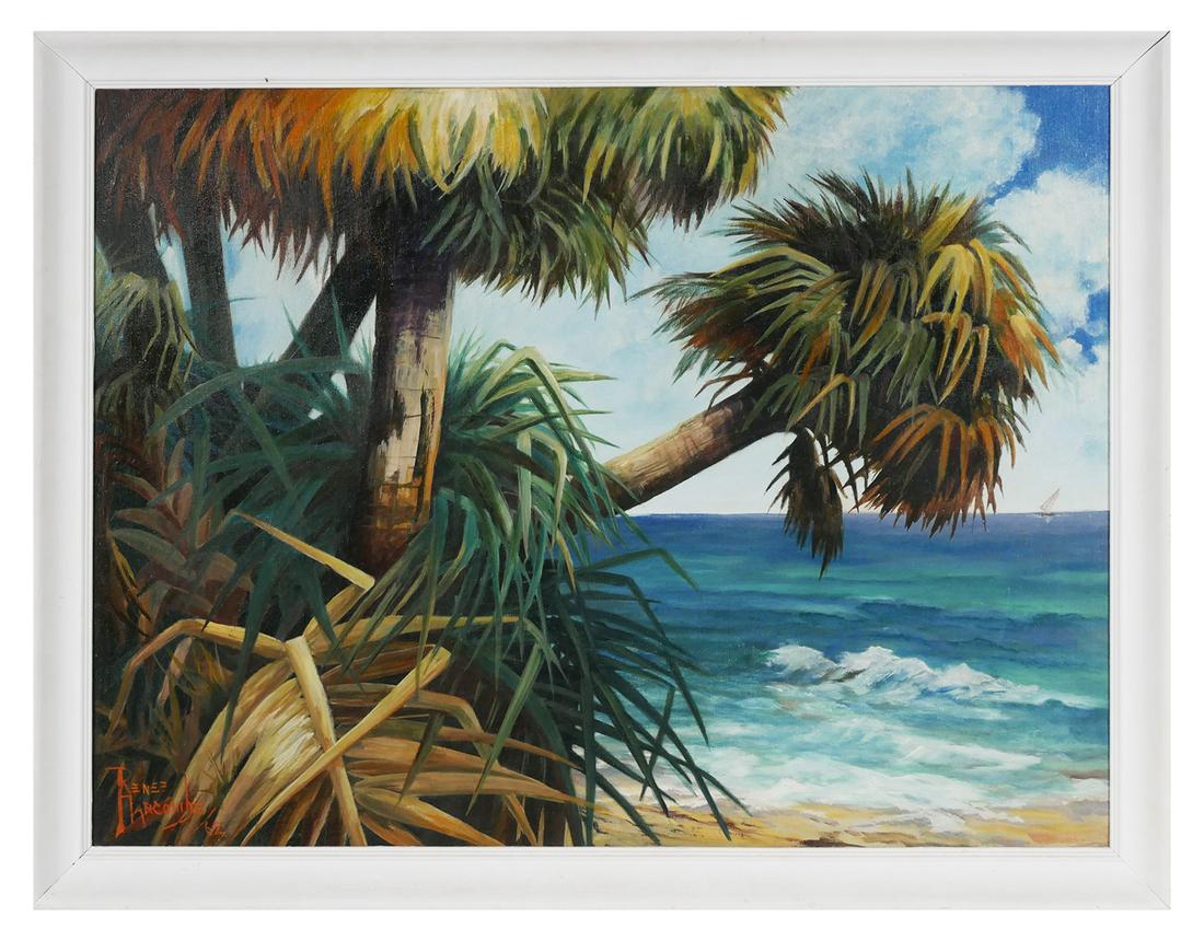 RENEE HARCOMBE, Miami Florida Beach Scene O/C: Oil on canvas painting by female Florida artist Renee Harcombe (American, 20th). Signed at lower left and dated to 1962. Palm trees on a Miami area beach. Excellent condition. Sight size is 40" x 30",
