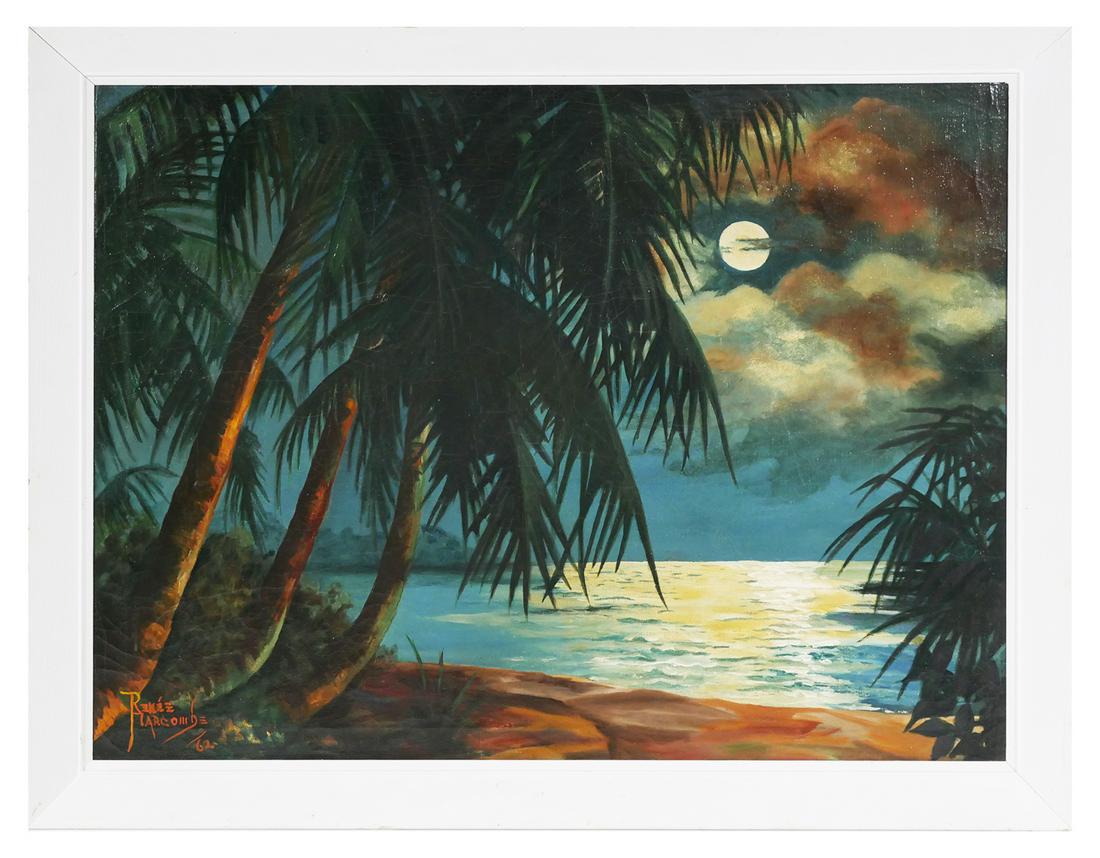 RENEE HARCOMBE, Miami Florida Beach Scene O/B: Oil on board painting by female Florida artist Renee Harcombe (American, 20th). Signed at lower left and dated to 1962. Palm trees on a Miami area beach. Excellent condition. Sight size is 40" x 30", 