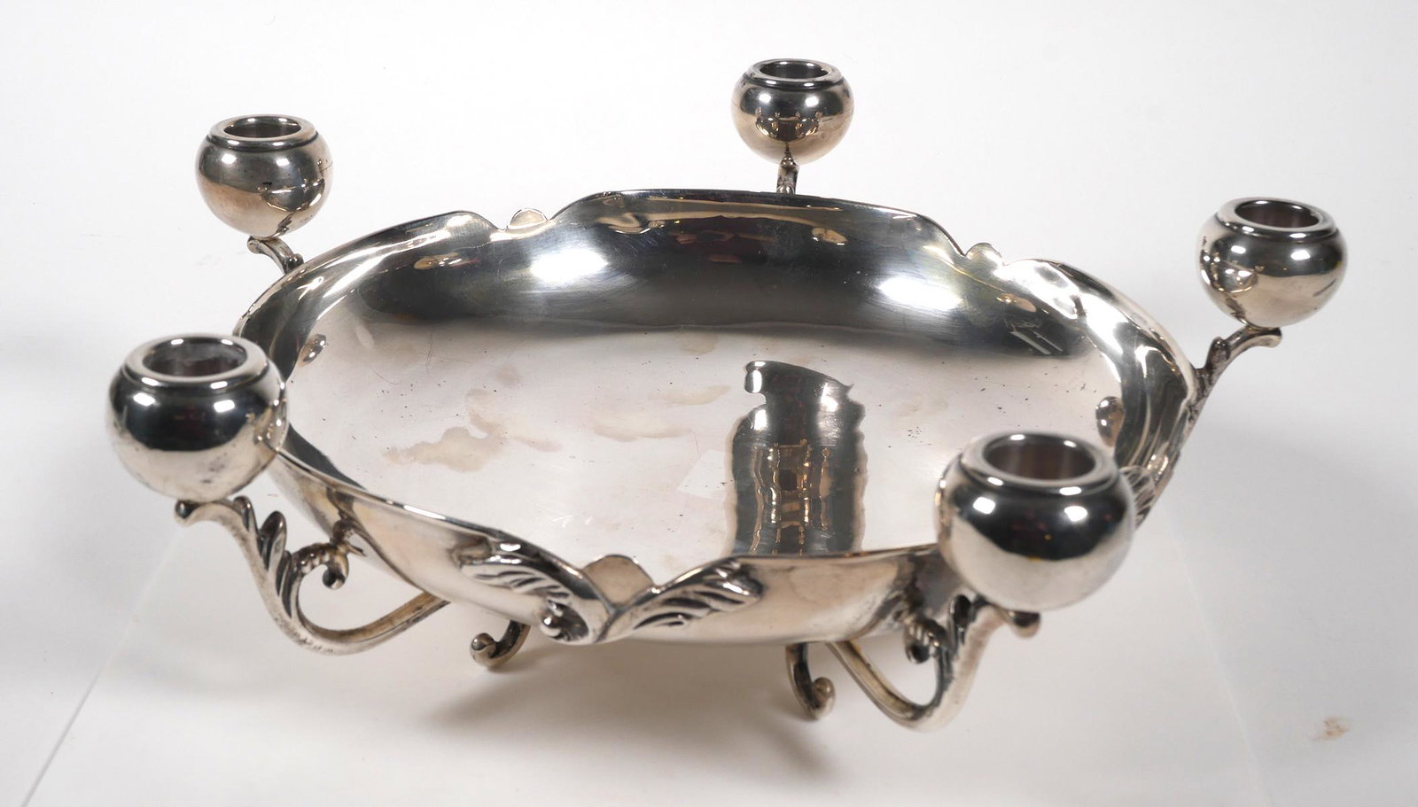 C ZURITA Sterling Candelabra Centerpiece Bowl: Zurita Mexican sterling silver 5 light candelabra centerpiece with center bowl. Beautiful sculptural shape with floral decorations around rim and five single candle holders that also become the feet. 