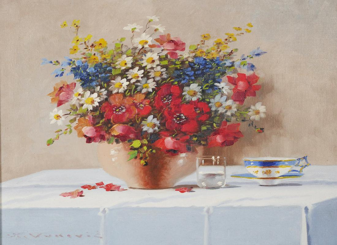 KEIST VUKOVIC, Still Life, O/C: Oil on canvas painting of a floral still life by Keist Vukovic (Czech, b. 1920). Signed at lower left. Canvas measures 16" x 12". Excellent condition.