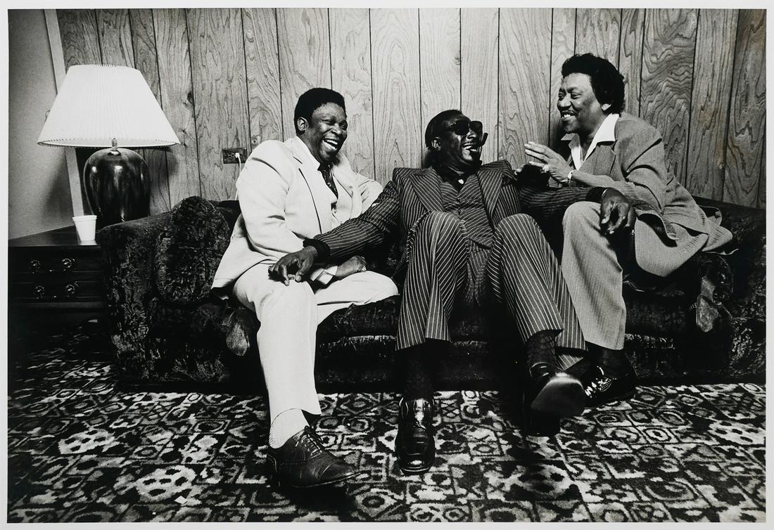 JIM MARSHALL, B.B. King, Muddy Waters Photograph: Jim Marshall (American, 1936-2010) photograph of B.B. King, Muddy Waters and one other musician, circa 1960s, Gelatin Silver Print, 1980. Printed on an 11" x 14" sheet. Photographer's stamp and invent