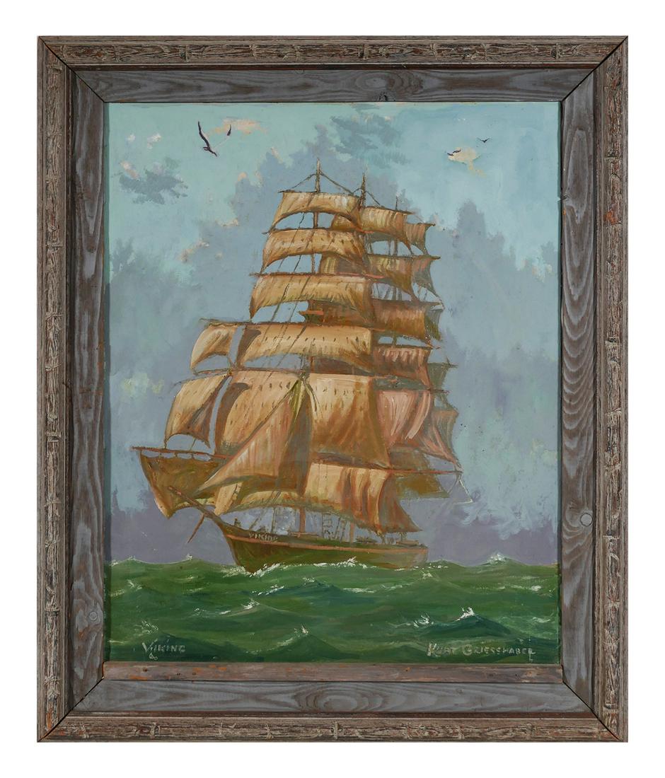 KURT GRIESSHABER, Viking Ship, Florida O/C: Oil on canvas painting of a tall sailing ship named Viking by Kurt Griesshaber (American, 1926-2006). Signed at lower right. Titled lower left. Info about ship verso, sunk in Russo Finnish War. Canvas
