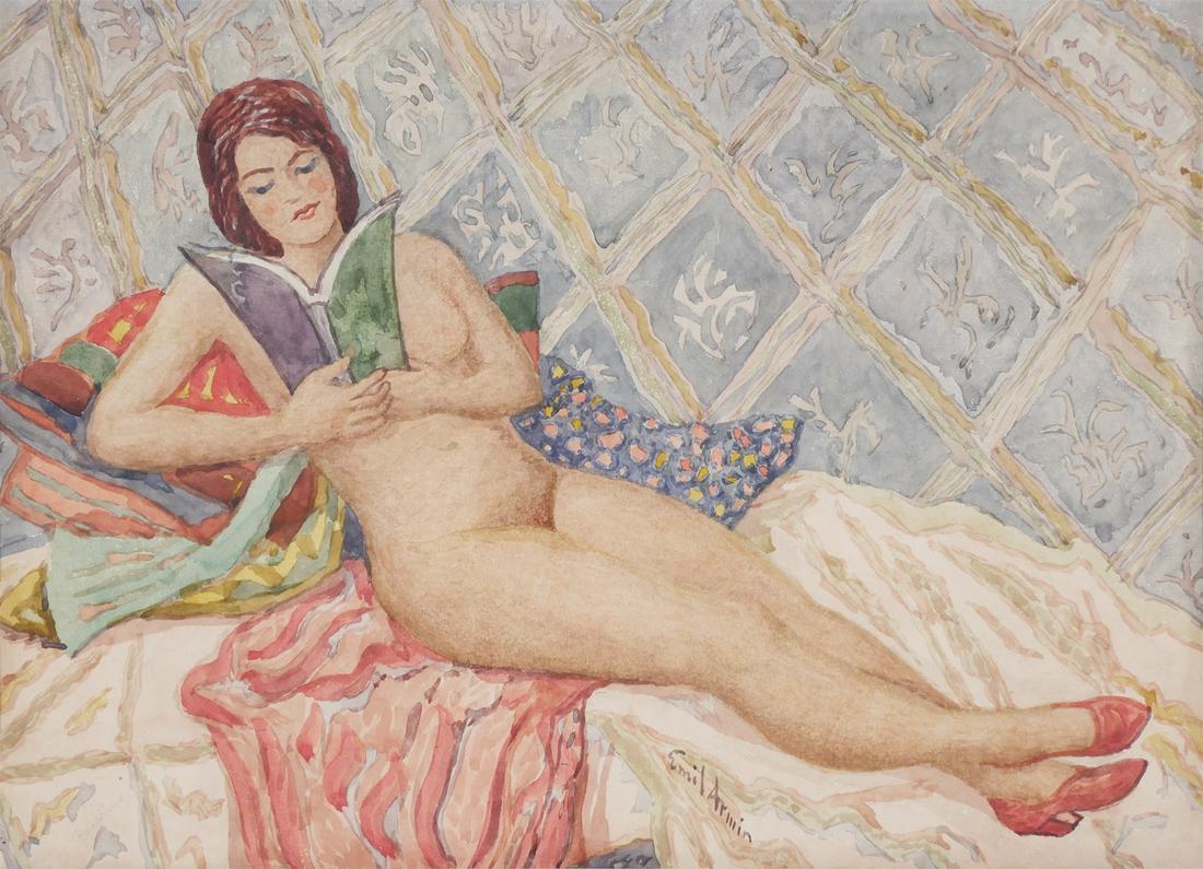 Emil Armin (American, 1896-1960) Watercolor Nude: Watercolor on paper showing a nude female reclining and reading a book. Signed lower center, undated, circa early 20th century. Overall framed size is to 21” x 18”. Excellent condition.