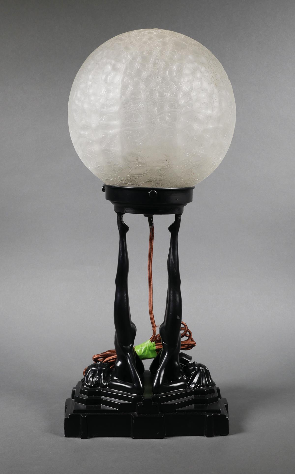 FRANKART Double Nude Table Lamp: Vintage Art Deco two nude woman figures with legs up balancing a crackle glass lamp shade. Signed FRANKART and dated 1928 on base. Shade measures approx. 8" in diameter. Overall height of lamp with sh