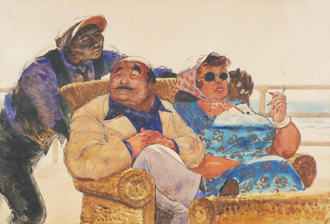 JOSEPH HIRSCH, 1939 Racial Injustice WC Painting: "Injustice Weighs Heavy" Watercolor on paper painting by Joseph Hirsch (American, 1910-1981). Signed and dated upper right "Joseph Hirsch '39." Likely painted in Miami, Florida. Shows a black man push