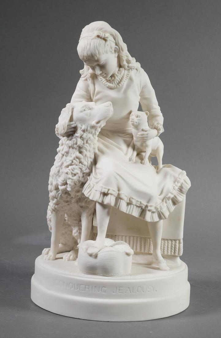 Henry Forrest Libby Parian Ware Art Sculpture: Parianware bisque porcelain figure group, titled "Conquering Jealousy" and inscribed "H.F. Libby, Boston Copyrighted, March 27th 1878" on back. Group measures approx. 13" tall x 7 1/2" diameter base. 