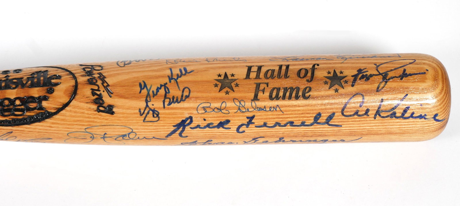 MLB Hall of Fame Players Signed Bat JSA: JSA authenticated signatures by multiple HOF players. Cert. #Y03608 on Hall of Fame model Louisville Slugger baseball bat. Key HOF(s): Y. Berra, W. Ford, R. Ferrell, J. Mize, E. Mathews, E. Slaughter,