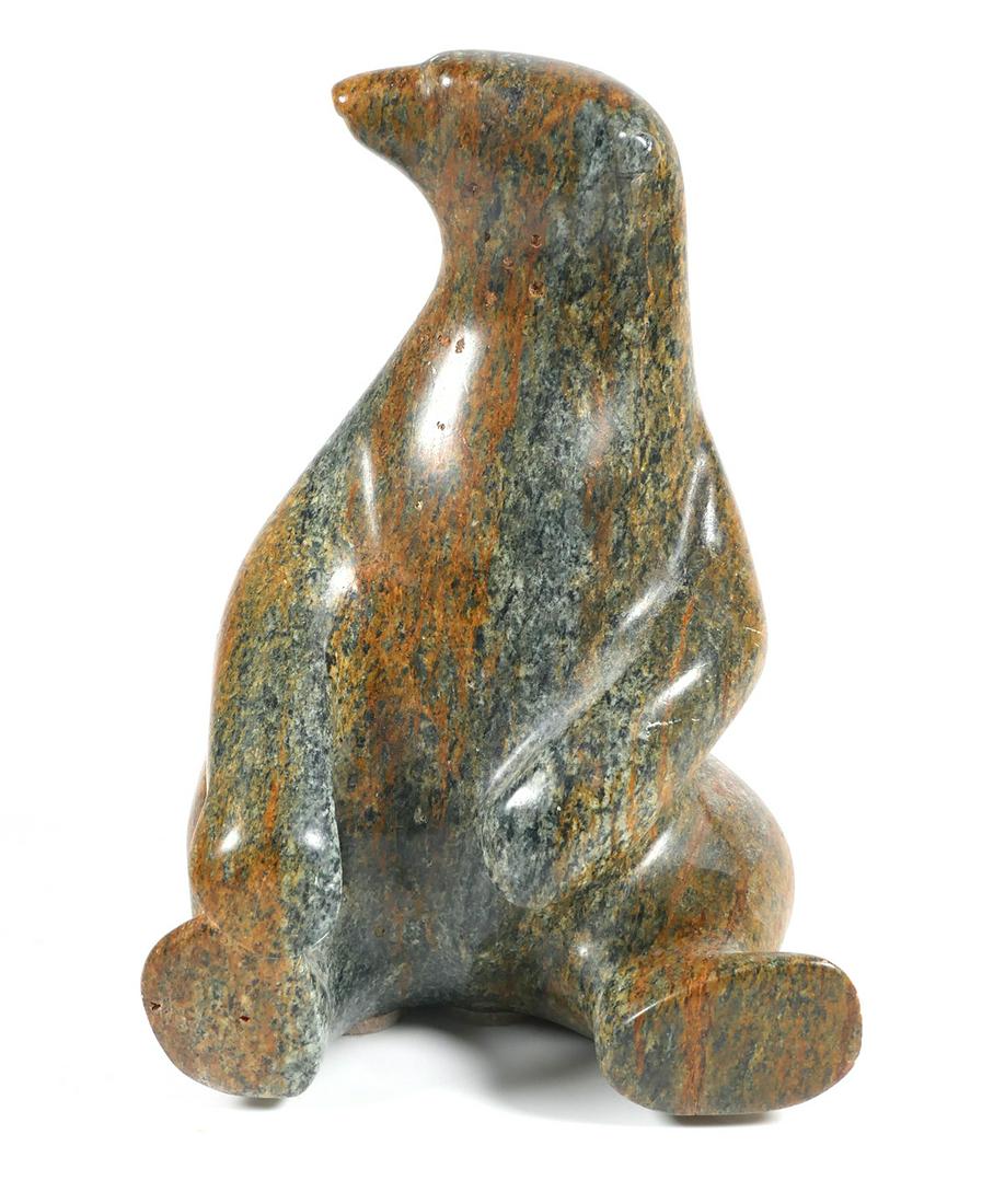 Signed QAY Eskimo Inuit Stone Polar Bear Carving: Native American Inuit soapstone figural polar bear carving by artist Ronald Apangalook. His Eskimo name Qaygeghutkaq, shortened to Qay. Sculpture is signed QAY 2000 on bottom. Sculpture is approx. 9 1
