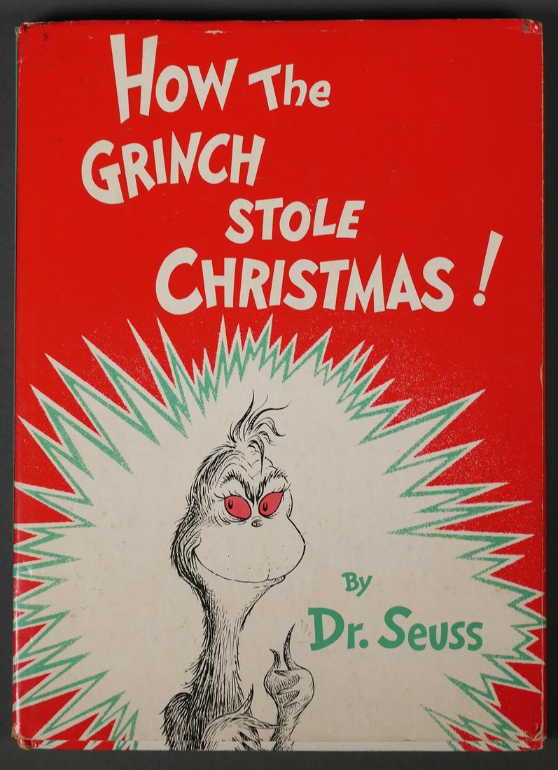 1st Ed & 1st Print How The Grinch Stole Christmas Book: Children's book by Dr. Seuss, "How the Grinch Stole Christmas!. Copyright 1957, hardback with dust jacket. Published in New York by Random House" Dust cover has some creasing and small tears. Hardcove