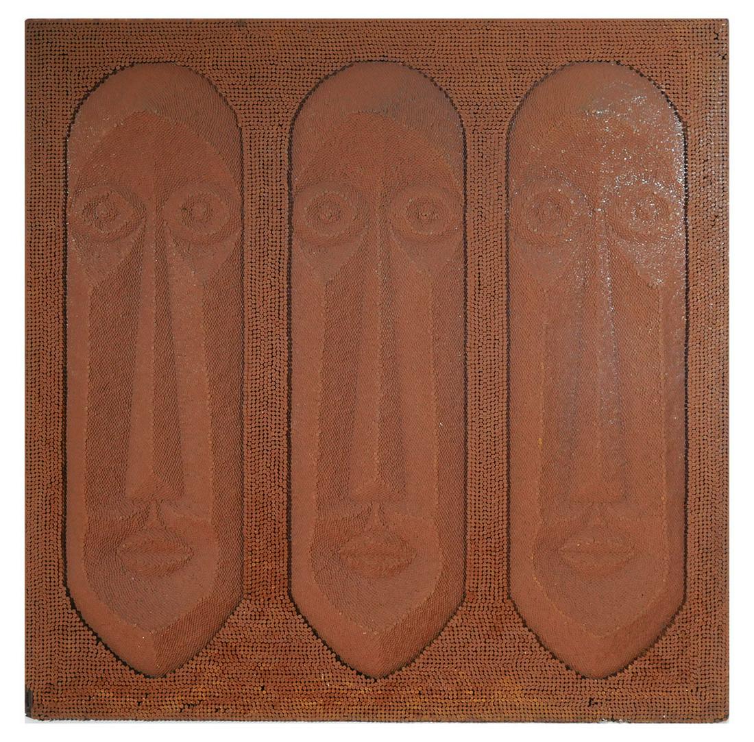 CARL R. "DINGBAT" SMITH, Nail Portraits: Nail head wall relief by African American artist Carl Richard "Dingbat" Smith (American, Pittsburgh, 1927-1980s). "Three Brothers. Measures 48" x 48". Signed verso. Good condition with a few nails mis
