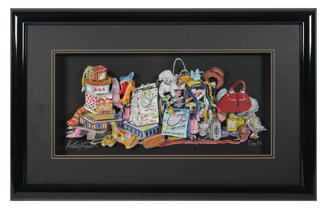 CHARLES FAZZINO, What a Girl Wants, 3D Pop Art: "What a Girl Wants" private request, black background, 3-Dimensional Pop Art construction showing various couture and high-end fashion brands including, Versace, Hermes, Burberry, Fendi, Gucci, Tiffan