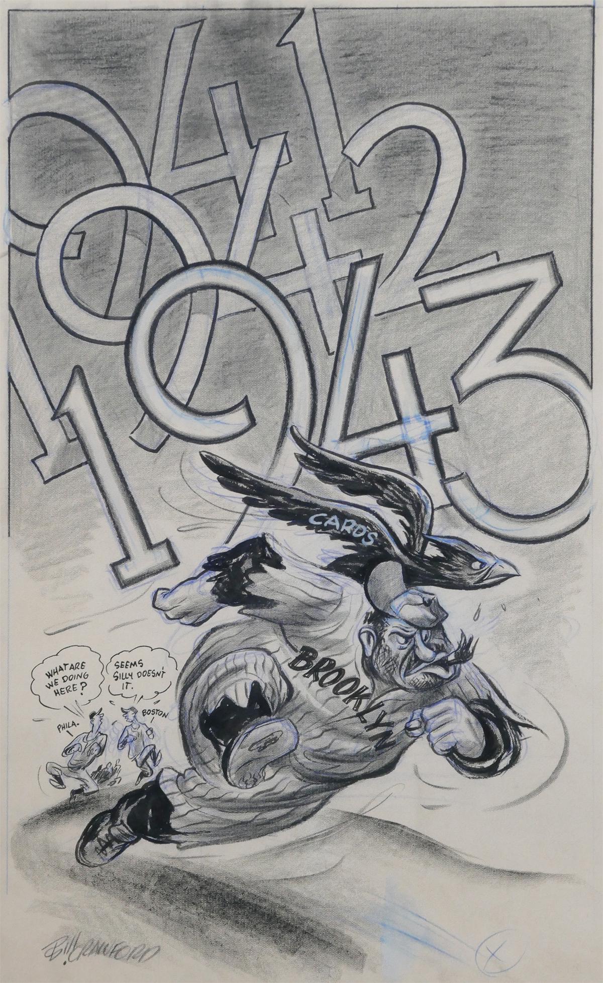 BILL CRAWFORD, Brooklyn Dodgers Original Art: Original sports editorial artwork by Bill Crawford, titled Same Old Story, showing a Brooklyn Dodgers Bum in a heated race with a St. Louis Cardinal, framed to 24" x 29". Signed at lower left. Excelle