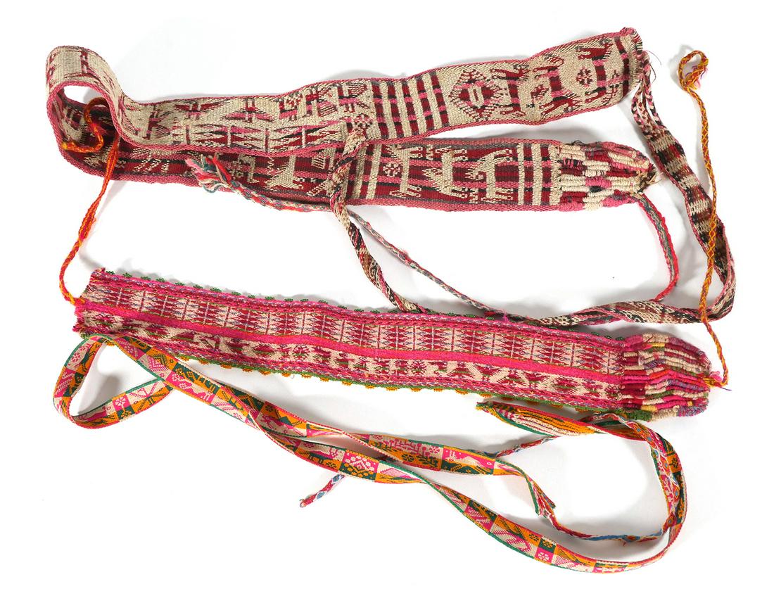 (3) Bolivian Waka Pictorial Belts: Three 19th - 20th century South American hand woven Bolivian belts. Possibly from the Leque region in Bolivia. Antique belts measure 88" x 2 1/4", 61" x 3/4" and 43" x 2 1/4". Thin belt is missing end