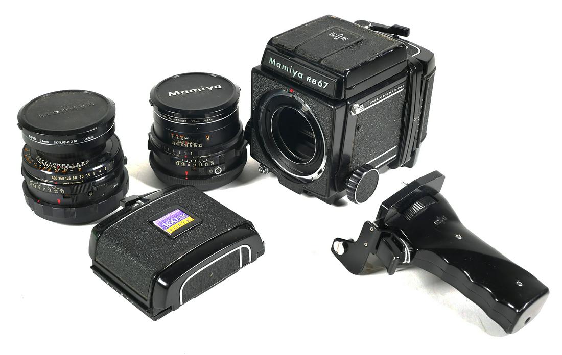 Mamiya RB67 Pro Lenses Parts Accessories: Lot of vintage Mamiya items including: Mamiya RB67 Professional single reflex lens 6x7 format camera, pistol grip, Mamiya-Sekor C f3.8 127mm lens with filter, Mamiya-Sekor f3.8 90mm lens with filter, 
