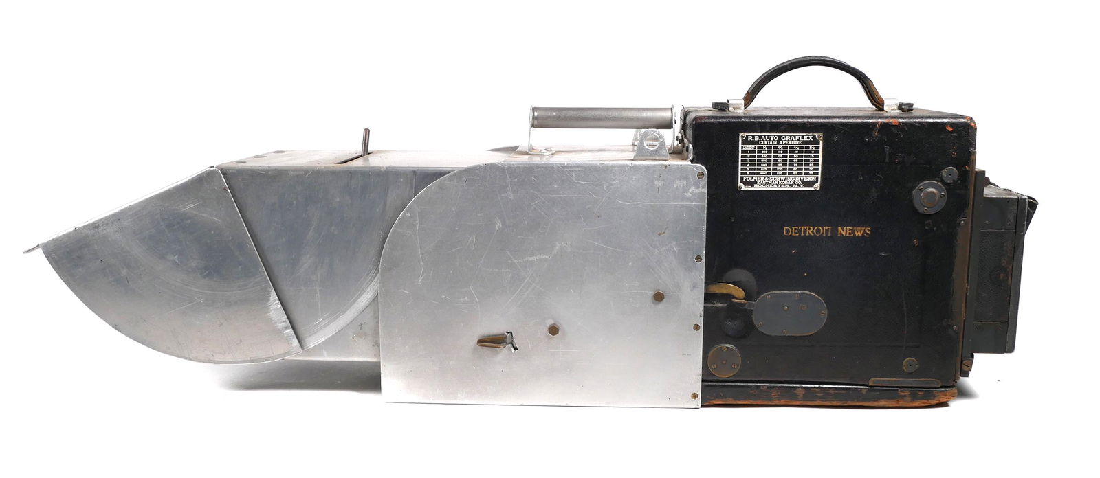 Bertha RB Auto Graflex Detroit News Camera: R.B. Auto Graflex 4X5 modified camera. Used by Detroit News photographer. Hugo Meyer & Co. Gorlitz Trioplan 14" lens, approx. 355mm, f3.6. Lens has haze and internal dust. One 4x5 Graflex film magazin