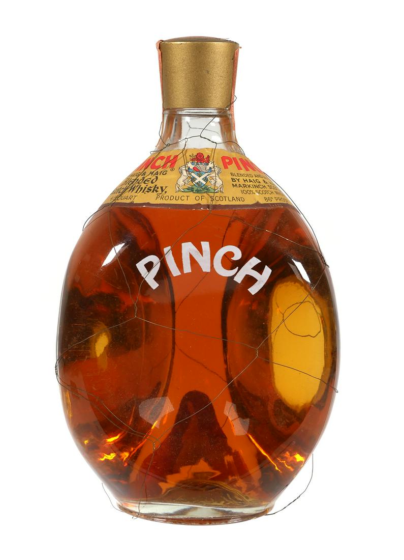 Vintage PINCH Scotch Whisky Bottle: Unopened bottle of Haig & Haig, Scotland, Pinch blended scotch whiskey, 86.8 proof, 4/5 quart. Label and tax strip have some loss. PLEASE NOTE: This item is being sold as a collectible bottle, and its