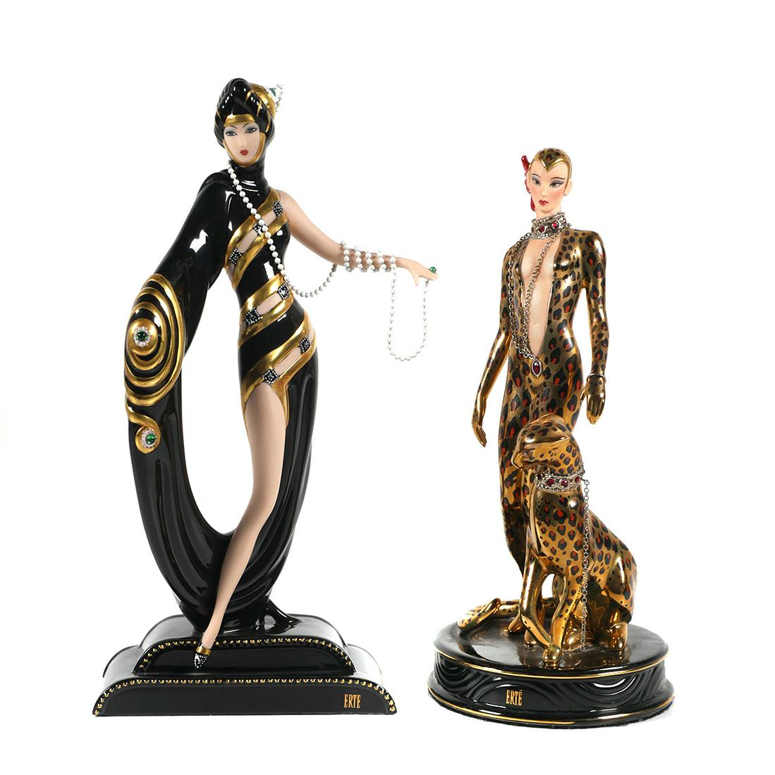 Leopard and Pearls & Emeralds Erte Figurines: Two porcelain Art Deco figurines by the Franklin Mint for the House of Erte. Limited Editions titled: "Pearls and Emeralds" and "Leopard". Statues measure approx. 10" and 9" tall. No cracks, chips or 