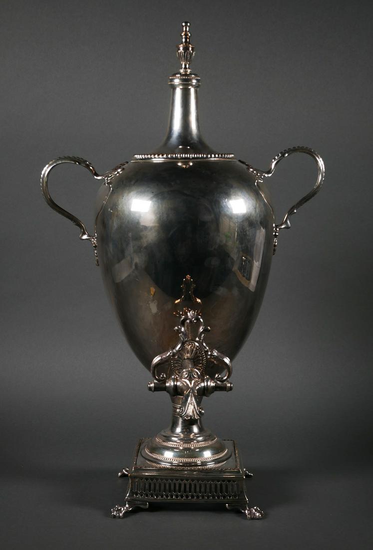 R&J Slack English Silverplate Tea Kettle Samovar: English silver plate hot water urn or samovar with fuel pipe insert. Square base with four webbed feet, branch form handles. Lid is marked R & J Slack, 336 Strand, London. #859 stamped on lid rim. Urn