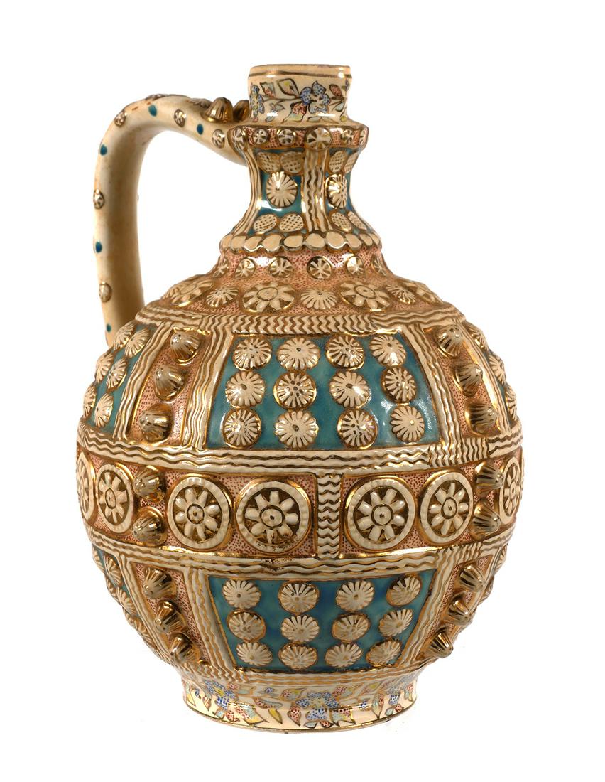 Hungarian Fischer Budapest Ewer Jug Vase: Fischer Budapest Pottery Jug. Base is incised marked 1025, Fischer J Budapest. Vase measures approx. 9" tall x 6" diameter. No cracks, chips or repairs. Crazing present.