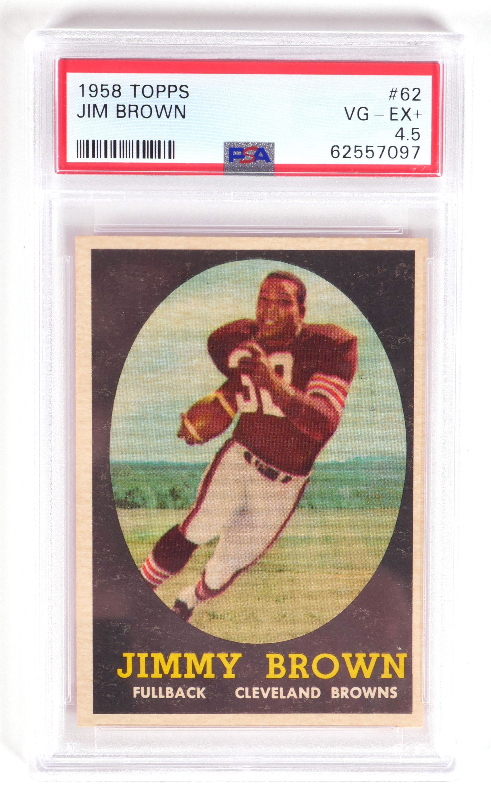 1958 Topps Jim Brown RC PSA 4.5 Football: Collection of 1958 Topps Football Cards. Set is missing #129 and #119. Collection features Jim Brown #62 rookie card, PSA graded VG-EX+ 4.5. Also included are additional Bart Starr and Johnny Unitas c