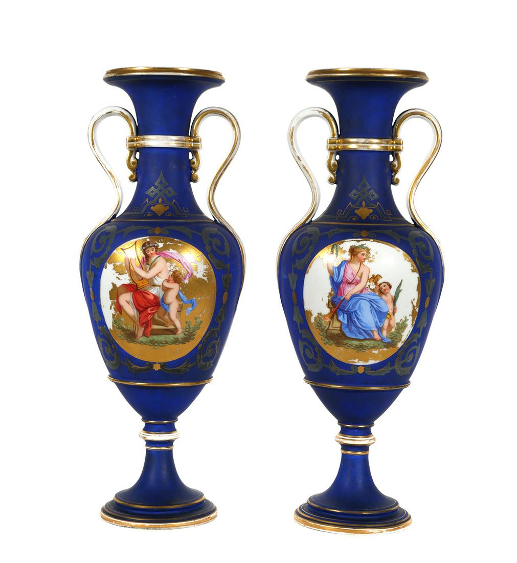 Antique Henri Ardant & Co. Limoges Vases: Pair of 19th century H. A. & Company French porcelain hand painted vases with maidens and cherub scenes. Each numbered 286 with underglaze marks HA & Co. Vases measure approx. 18" tall x 6 3/4" wide. 