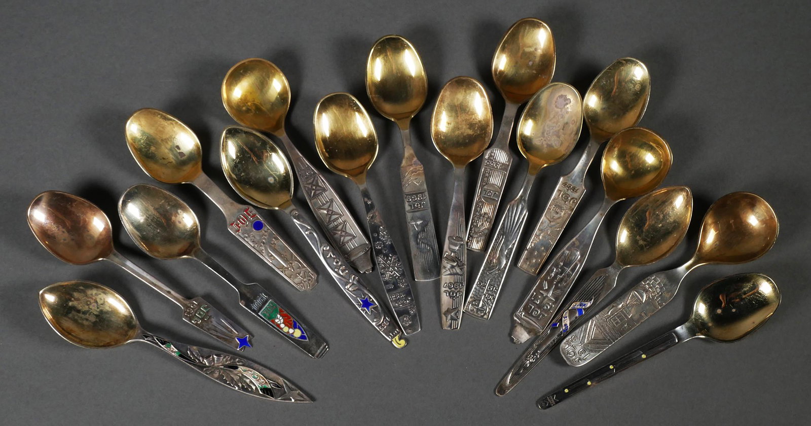 (16) Icelandic Sterling Christmas Spoons: Collection of 16 Scandinavian sterling silver Christmas spoons with gold wash bowls. Iceland hallmark, GAM 925. Overall weight 498 grams.