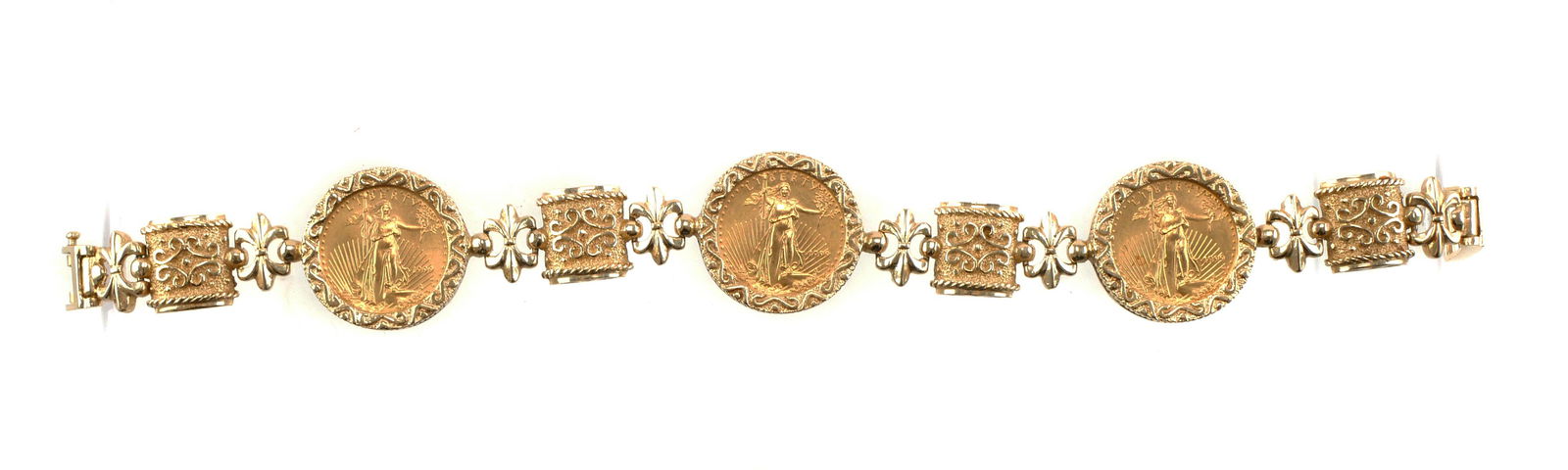 14K Bracelet with (3) $5 Gold Eagle Coins: 14K yellow gold and three 1999 1/10 oz American gold eagle coins. Bracelet measures approx. 7 1/2" to 7 3/4" in length. Overall weight 29.8 grams.