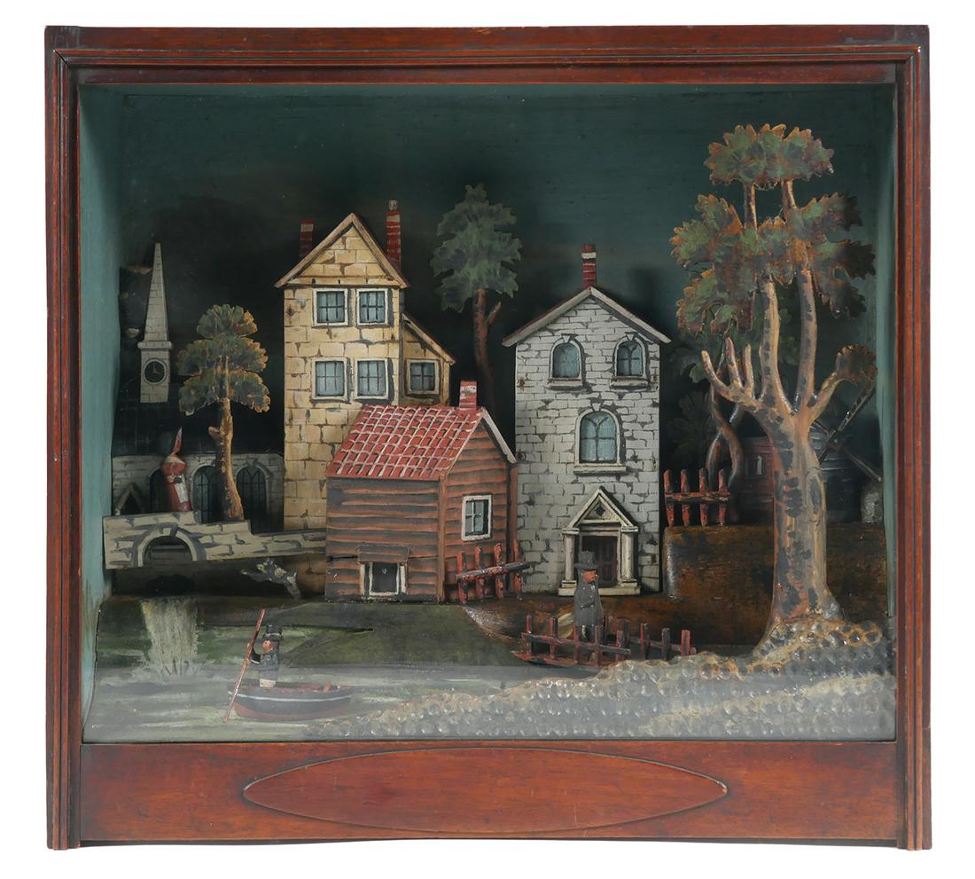 Antique Folk Art Town Cityscape Diorama: Vintage folk art diorama carving in shadow box. The sculpture features townsfolk going about their day. Shadowbox measures 16" tall x 17" wide x 6" deep. One figure is unglued next to the steeple.