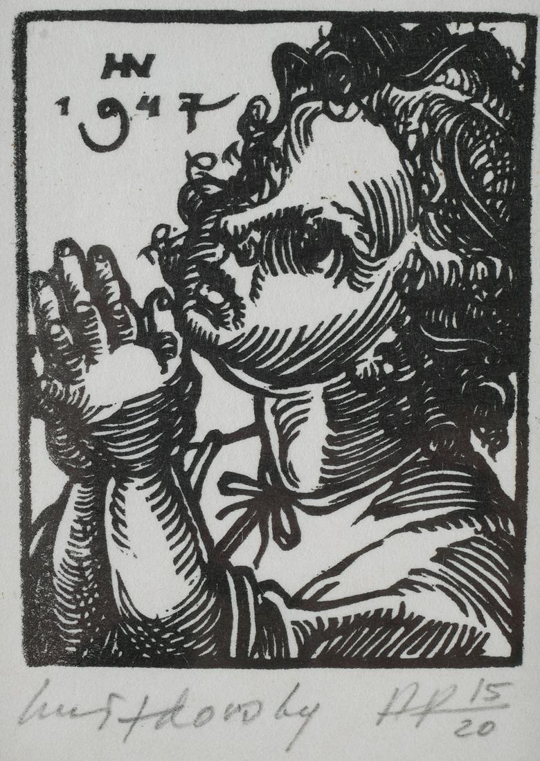 JACQUES HNIZDOVSKY, Woodcut, Praying Child: Original relief print by Jacques Hnizdovsky (Ukranian/American, 1915-1985). Pencil signed & limited (AP 15/20) in the lower margin. Dated 1947 in the plate. Image size measures 3 3/8" x 2 5/8". Excell