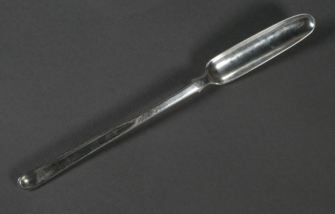 Antique English Sterling Marrow Scoop Spoon: George III or IV sterling silver marrow scoop. London hallmark. WC makers mark. Monogrammed. Overall 9" long, 3 1/4" scoop, 61 grams.