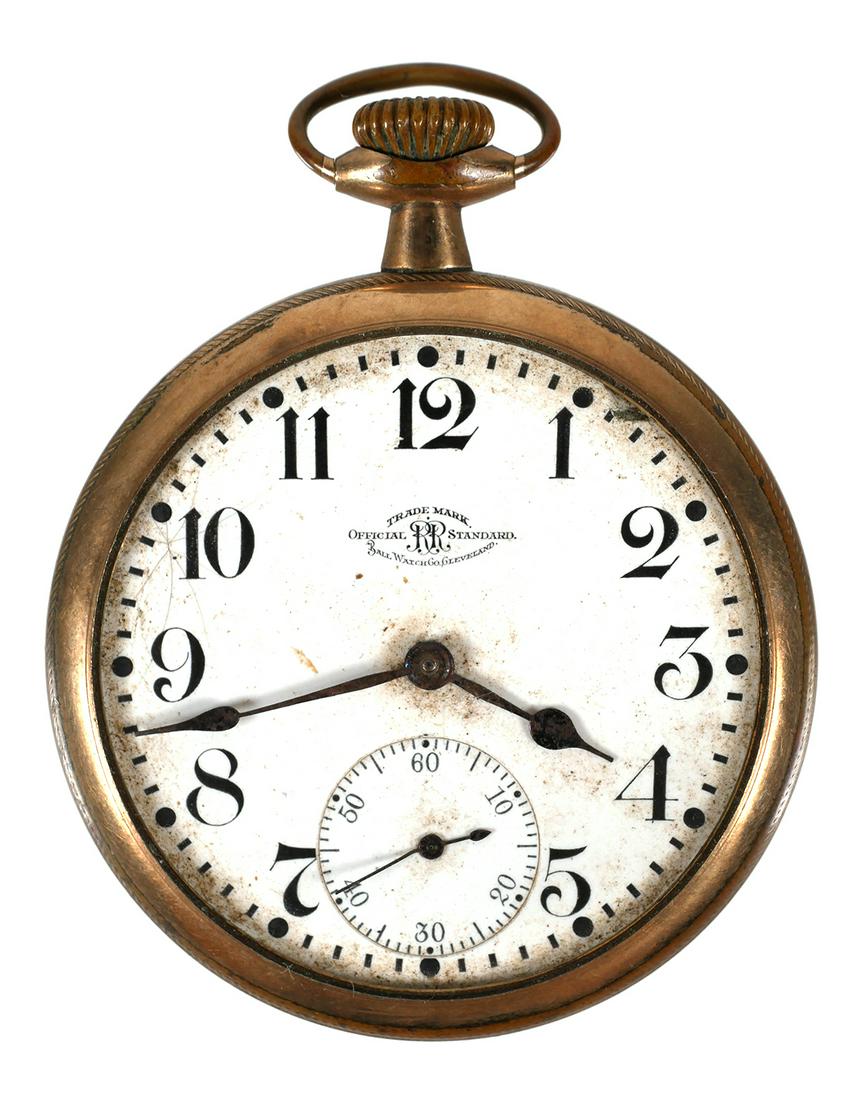 Ball Official Standard Railroad Pocket Watch: Ball Watch Company, model 1899, Official RR Standard 17j openface pocket watch. Serial #B242179. Size 16s. Not running, missing crystal, case has wear, hands are bent.