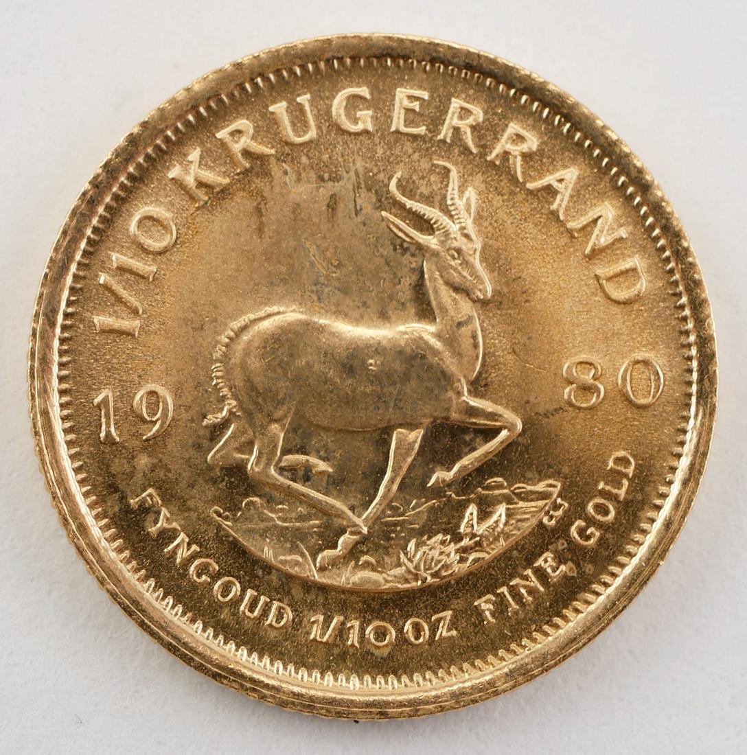 1980 South Africa 1/10 Ounce Gold Krugerrand Coin: 1980 South Africa 1/10 Ounce Gold Krugerrand Coin