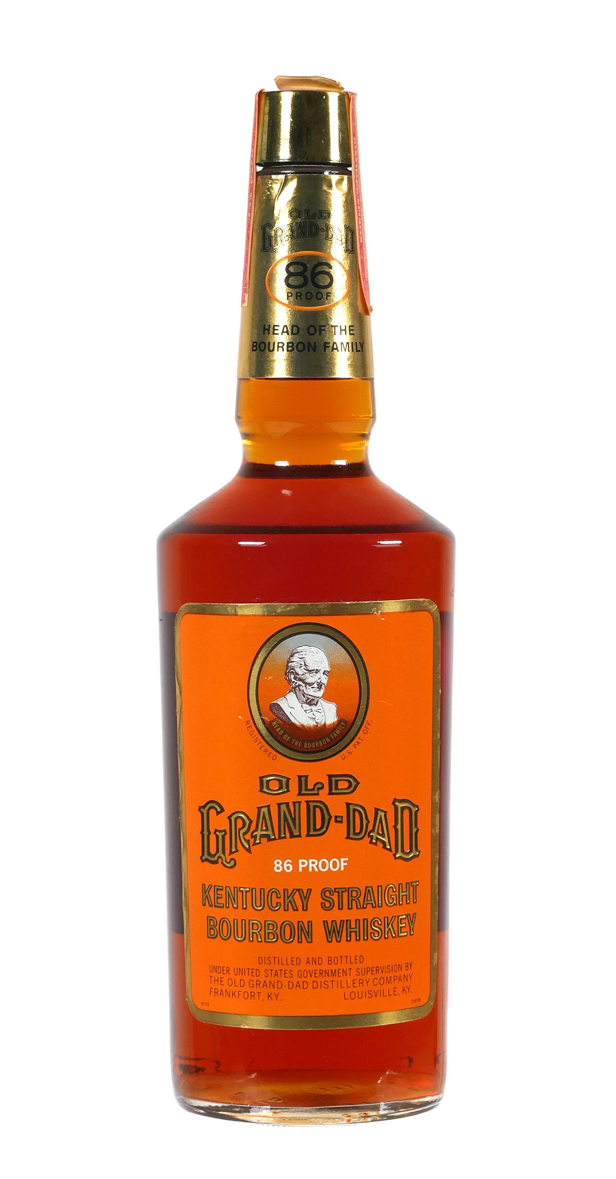 Unopened Old Grand-Dad Kentucky Bourbon Whisky: Unopened bottle of Old Grand Dad Kentucky bourbon whiskey, 86 proof, 4/5 quart. PLEASE NOTE: This item is being sold as a collectible bottle, and its contents are incidental and not intended for consu