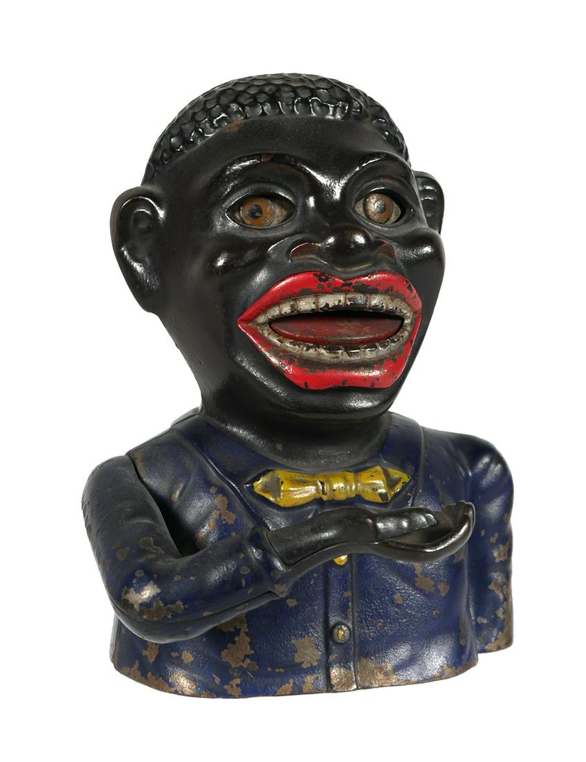 Black Americana Cast Iron Jolly Bank: Black Americana "Jolly N Bank" Cast Iron Mechanical Bank, C. 1890, coin in hand raises to mouth, mouth opens, eyes roll when lever pushed. Mechanically working. Paint loss present. Approx. 6 1/2" tall
