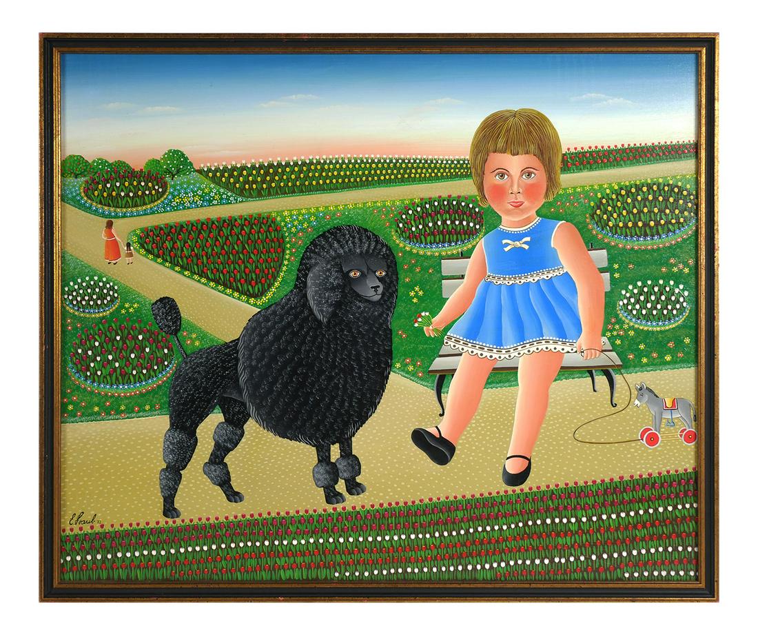 ERICH STAUB, acrylic, Young Girl & Dog in Garden: ERICH STAUB (b. 1942), acrylic on canvas painting in the naive or primitive style of young girl with toy and dog (poodle) in a garden setting, signed lower left "E. Staub '72", framed 22 1/2" (h) x 27
