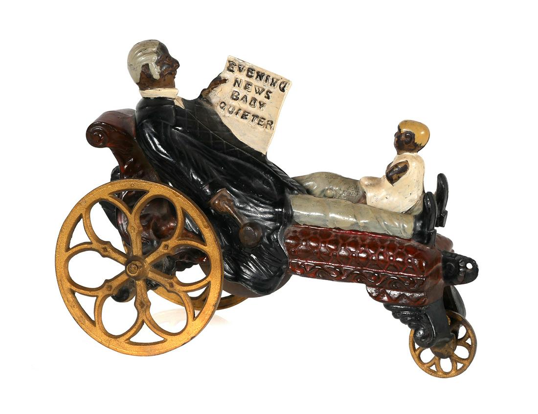 Baby Quieter Cast Iron Bell Toy, J&E Stevens: A very rare bell pull toy made by J&E Stevens of CT, circa 1890. Excellent condition with minor surface wear. Measures approximately 6" tall x 7 1/2" long. Toy appears to be complete but the axle is l