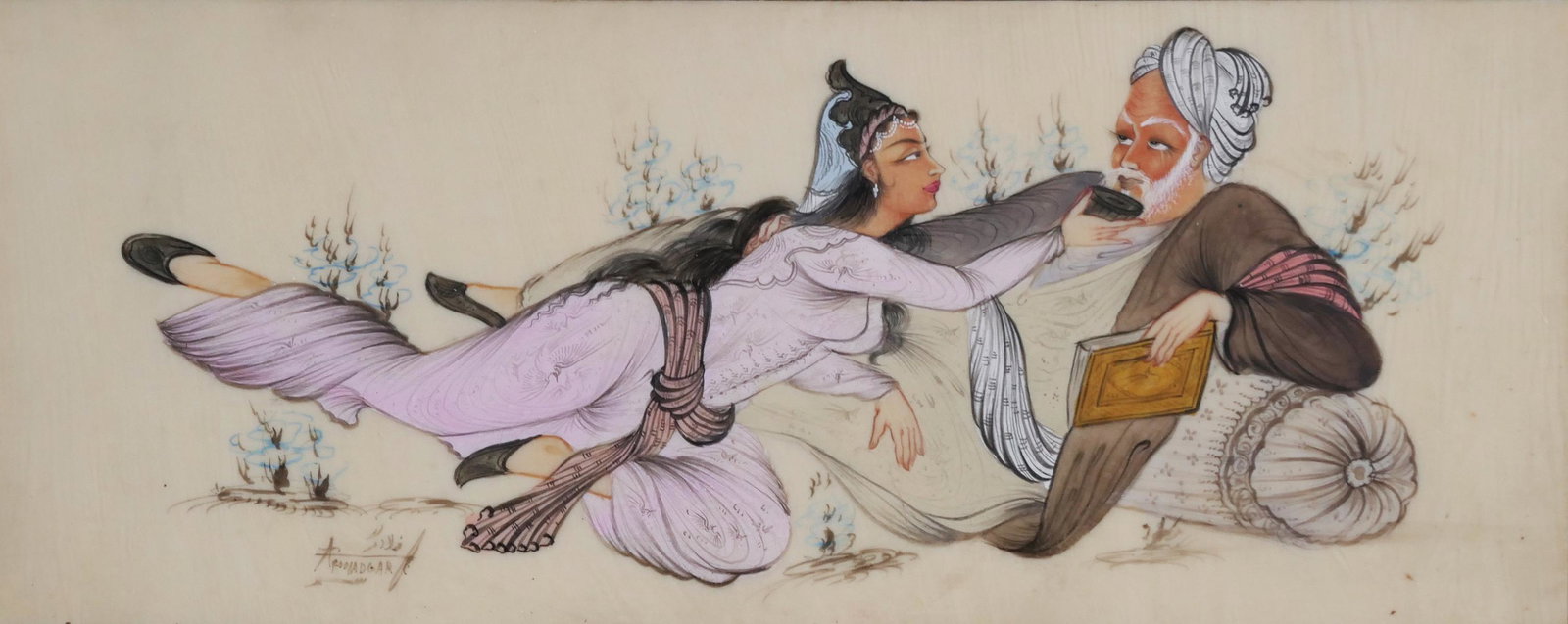 Indian Miniature Painting on Bone: Miniature Indian painting on bone of two reclining figures, water based pigment on bone, signed lower left, detailed Inlaid Indian frame, framed 10" (h) x 16" (w), bone 3 3/4" (h) x 9 1/2" (w), good c