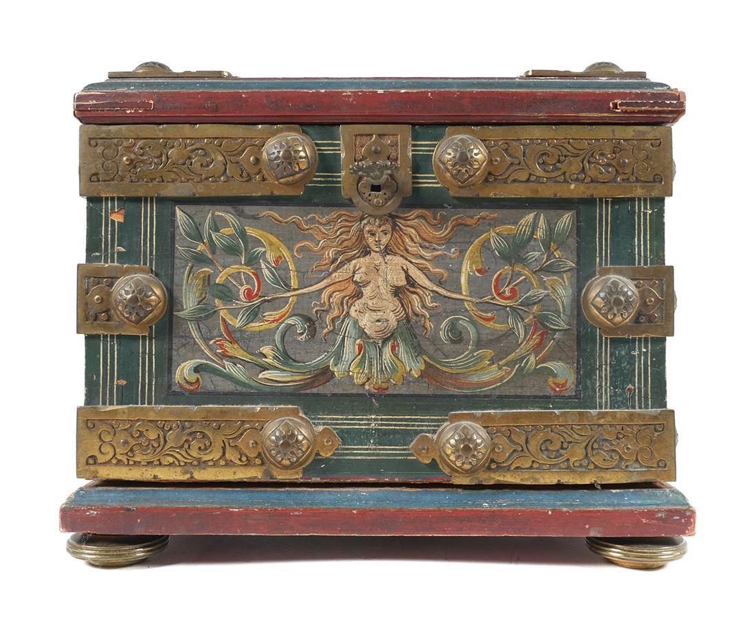 Art Nouveau Jewelry Box: Vintage wood jewelry box with metal trim. Hand-painted Art Nouveau images of a nude forest nymph to front and back. Top and sides have a red faced jester with floral accents. Chest measures approx. 7 