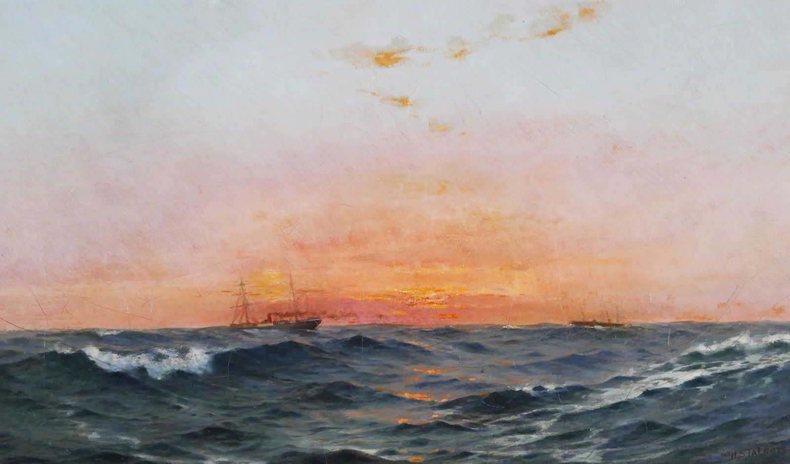 HENRY S. TALBOT, O/C with Ship: Seascape oil on canvas painting by Henry Talbot (American, 1836-1924). Signed H.S. Talbot at lower right. Canvas measures 12" x 20", framed to 21" x 29". Very good condition with craquelure and minor