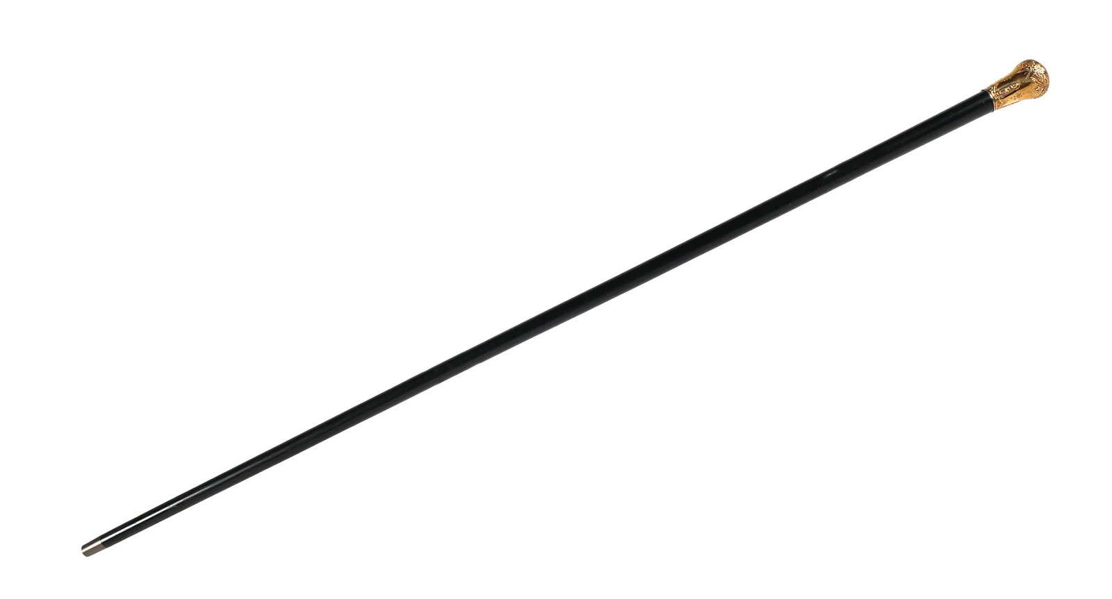 Antique Victorian Gold Handle Walking Stick: Antique Victorian gold topped handle walking cane. Handle is inscribed and dated 1880. Knob style handle measures 2" long x 1 1/4" wide. Cane measures approx. 36" long, ebony shaft. Handle is slightly