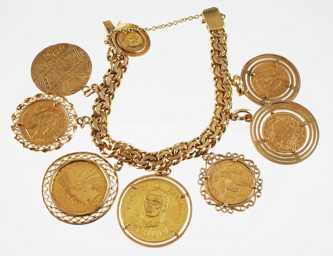 GOLD COINS Charm Bracelet 151 grams: Massive tested 18k yellow gold charm bracelet with several gold coins mounted in gold bezels, including a Venezuelan Urimare, a thin 14k monogram pendant, 1898 Netherlands 10G, US 1911 $10 Eagle, Vene