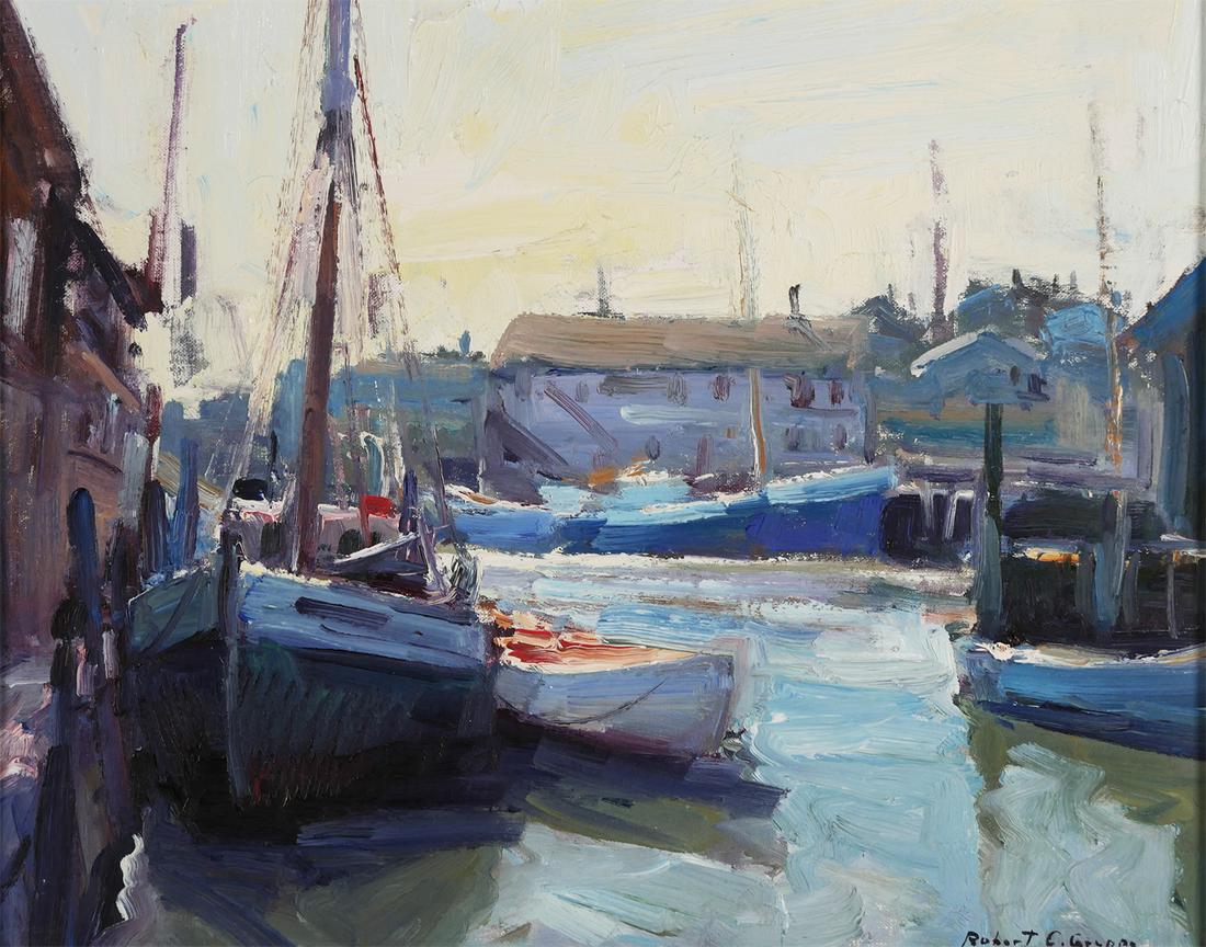 ROBERT GRUPPE, Oil on Panel, Marina: Oil on canvas panel painting by Robert Gruppe (American, b. 1944) showing sailboats in a marina. Signed at lower right. Overall framed size is 19 1/2" x 23 1/2". Excellent condition.