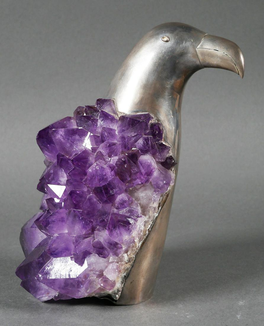 GRUPO GAL, Silver Bird with Amethyst: Large amethyst geode mounted with 900 silver in the form of a bird. Brazilian. Signed "Grupo Gal" along with "711g" and "900" under the base. Measures nearly 8" tall. Excellent condition.