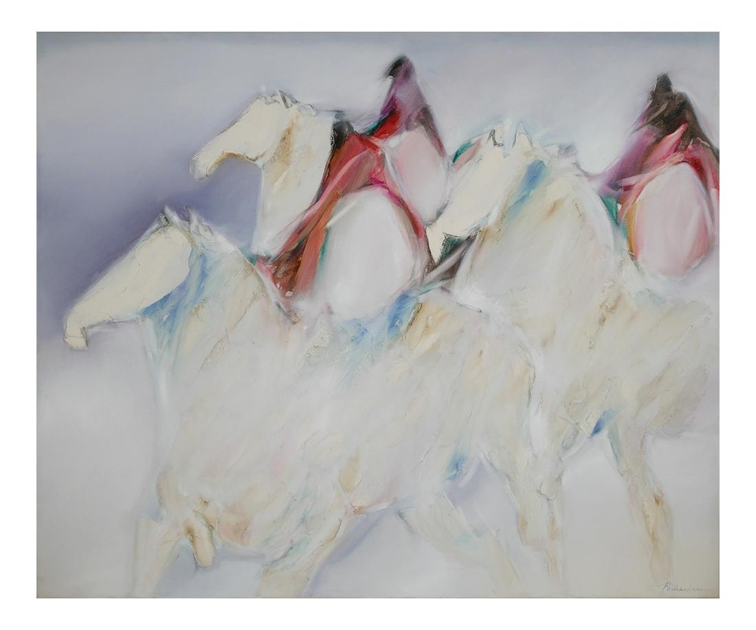 JEAN RICHARDSON, Oil on Canvas, Large: Unframed oil on stretched canvas painting by Oklahoma artist Jean Richardson (American, b.1940). Three horses with riders. Signed lower right. Measures 50" x 60".