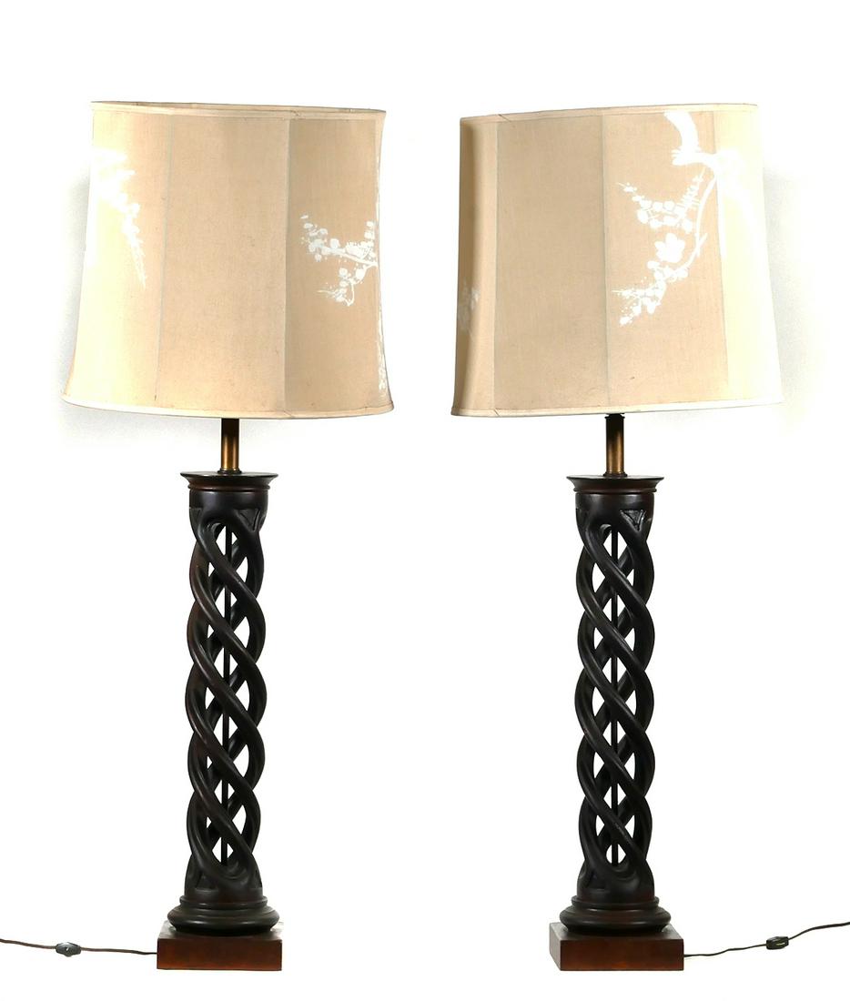 Vintage Pair FREDERICK COOPER Helix Lamps: Pair Mid Century Modern, circa 1950's Helix table lamps by designer Frederick Cooper. Lamps feature a carved wood spiral helix design. Lamps measure approx. 26 1/2" including 6 3/4" x 6 3/4" base, Ove