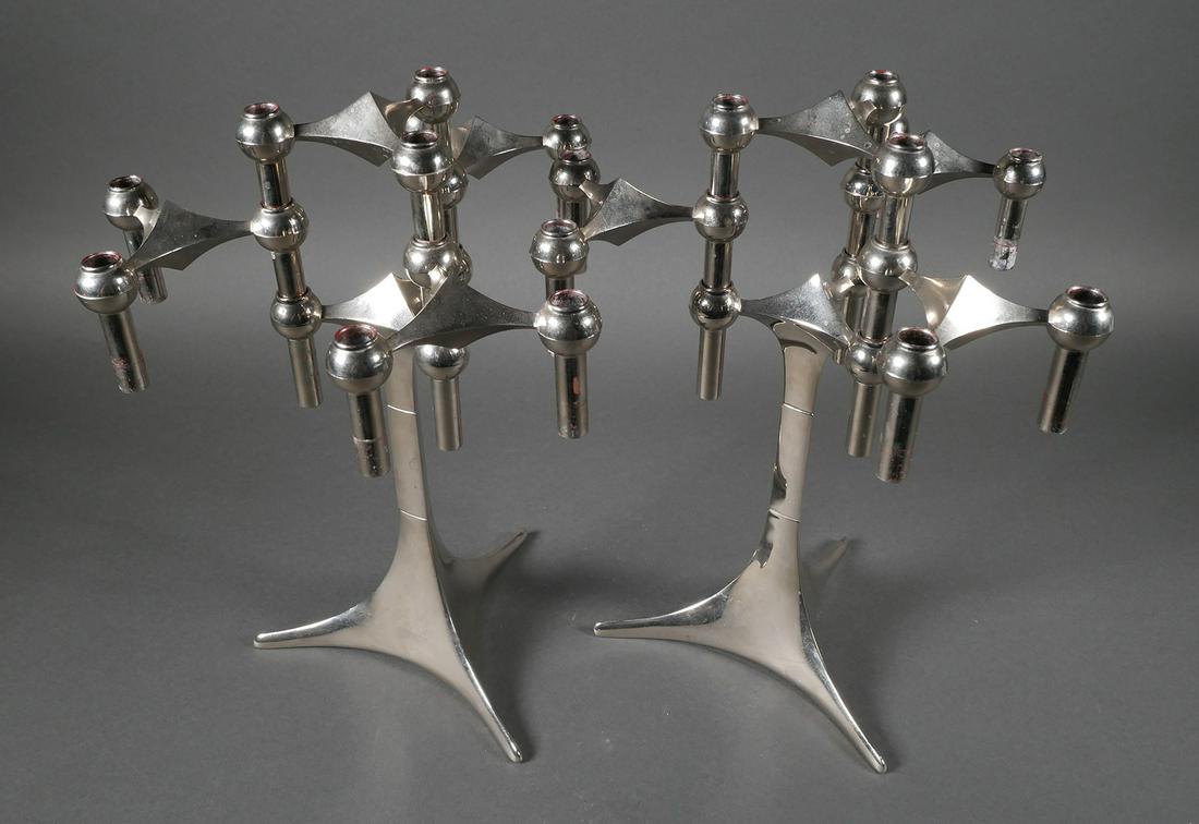 (2) STOFFI & NAGEL, Modular Candelabra: Pair of Mid-Century Modern German candelabra by Nagel, designed by Caesar Stoffi. Each candelabrum consists of four candlesticks and a base, for a total of 10 pieces. Each base measures 9" tall. Excel