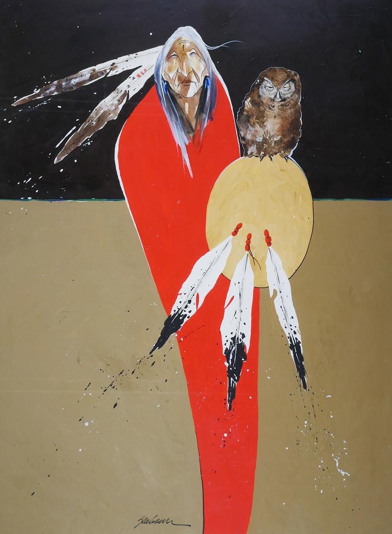 BERT SEABOURN, Medicine Spirit, Painting: Acrylic on paper by Bert Dail Seabourn (American, b. 1931). Native American elder in red with owl. Circa late 20th century. Sight size is 29 ¼” x 39 ¼”. Signed at the lower edge.