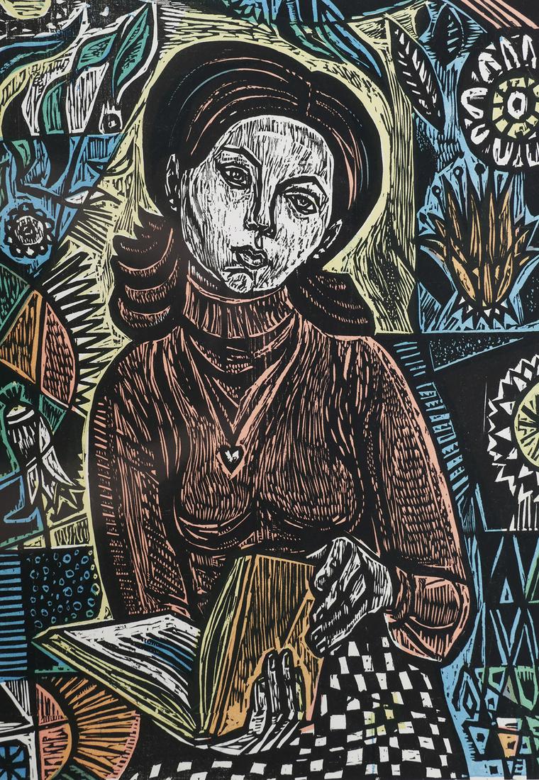 IRVING AMEN, Color Woodblock Print, Signed: Color woodblock print by Irving Amen (American, 1918-2011) pencil signed, titled (The Locket) and limited (A/P) in the lower margin. Sheet measures 22 3/4" x 18 1/4". Very good condition with minor to